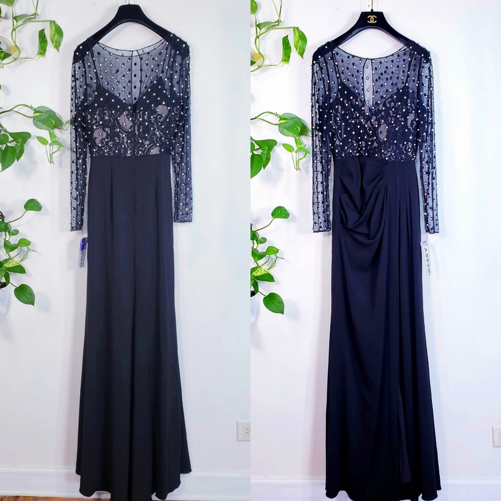 $1,190 NWT BADGLEY MISCHKA Women Black Maxi Long Dress 0 XS Sparkle Ruched Sheer - Picture 4 of 12